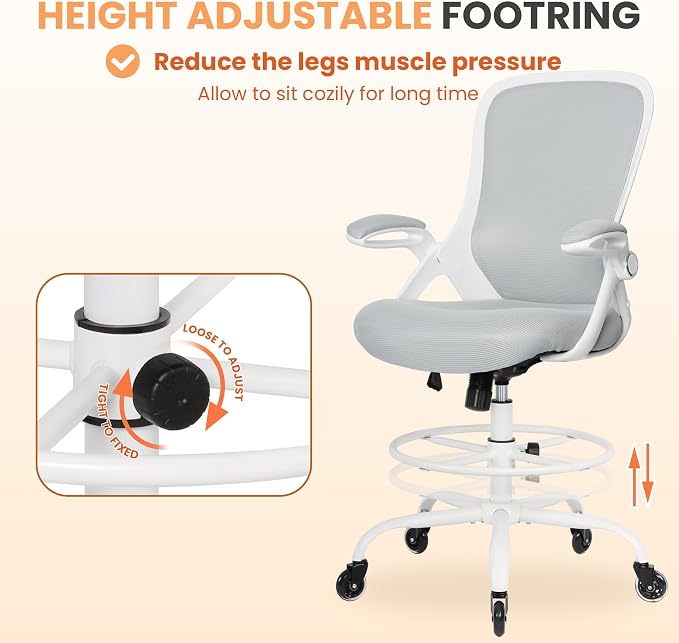 Drafting Chair Tall Office, Ergonomic Standing Desk Stool Adjustable Drafting Chair Big Tall Drafting Office Chair White