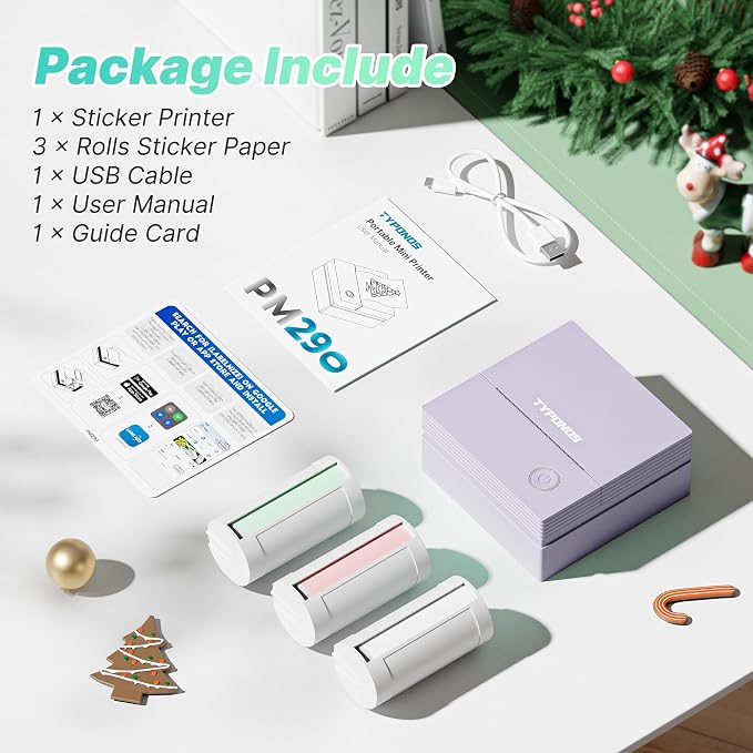 Mini Sticker Printer, PM290 Sticker Maker Machine with 3 Roll Paper | Good Quality, Portable, Smart AI APP, Mini Printer for Study, Gifts for Girls Boys, Back to School Supplies for Teachers
