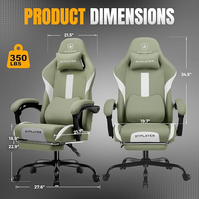GTPLAYER Gaming Chair with Foot Rest & Pocket Spring Cushion, Breathable Fabric for Home Office Desk, Ergonomic High Back Computer Chair with Headrest & Lumbar Support, Green