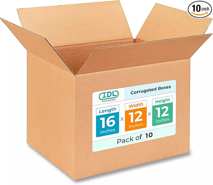 Medium Shipping & Moving Boxes 16x12x12 inches (10-Pack) - Extra Strength 200 lb vs Regular - USA-Made Corrugated Boxes for Packaging Moving and Delivering - Square Box by IDL Packaging