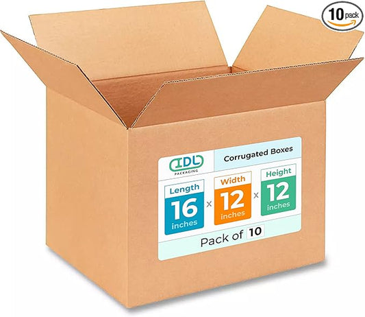 Medium Shipping & Moving Boxes 16x12x12 inches (10-Pack) - Extra Strength 200 lb vs Regular - USA-Made Corrugated Boxes for Packaging Moving and Delivering - Square Box by IDL Packaging