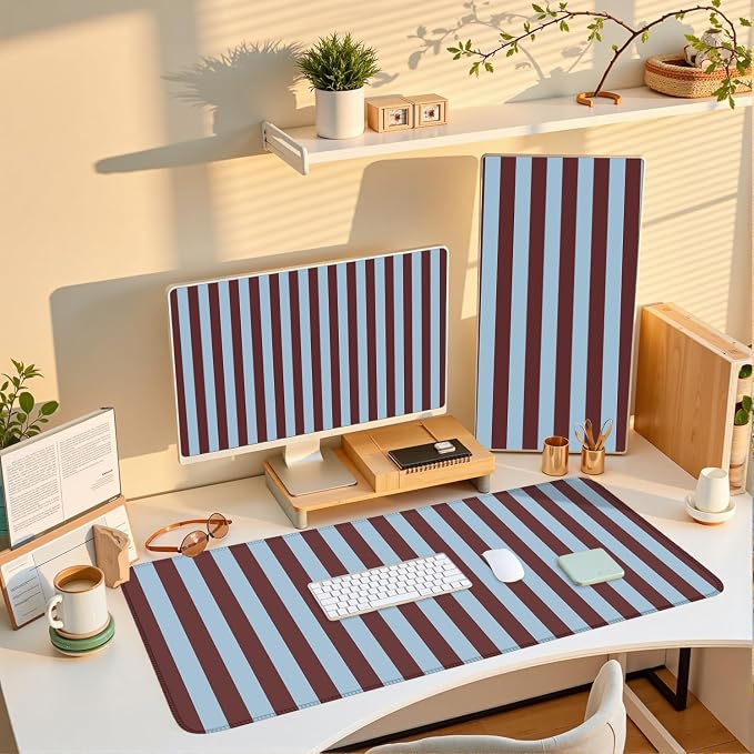Maroon Striped Desk Mat Cute Pastel XXL Large Gaming Mouse Pad Desk Pad Kawaii Cozy Aesthetic Keyboard Laptop Computer Mat Home Office Decor for Women