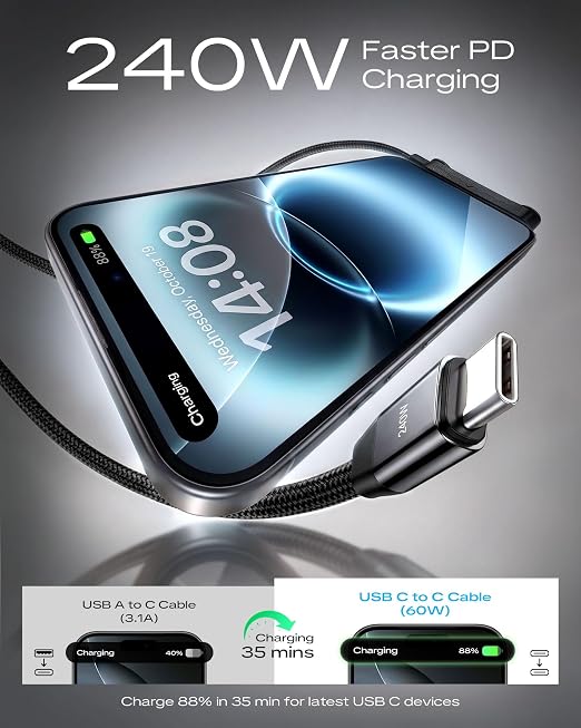 LOOHOI 240W Fast Charging USB-C to USB-C Cable with Built-in Phone Stand | 90° Fast Charging Invisible Stand Type-C Braided Charger Cable for Gaming, Streaming & Hands-Free Viewing (10FT, 3PCS)
