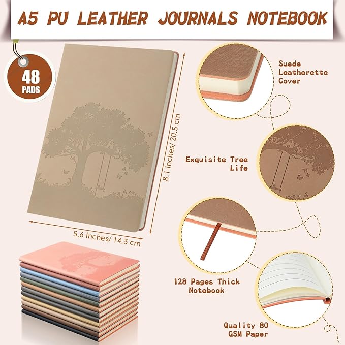 TaoBary 48 Pcs Employee Appreciation Gift A5 PU Leather Journals Bulk Colorful Tree Lined Journal Notebook Soft PU Leather Cover Ruled Writing Notebook for Office School Teacher Nurse (Mixed Colors)