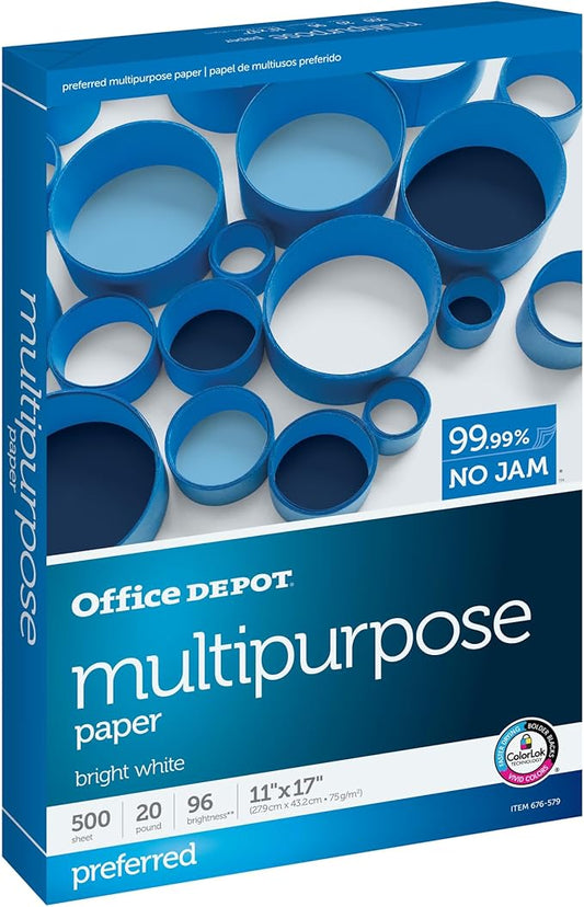 Office Depot® Multi-Use Printer & Copy Paper, 1 Ream, White, Ledger (11" x 17"), 500 Sheets Per Ream, 20 Lb, 96 Brightness, 1809RM
