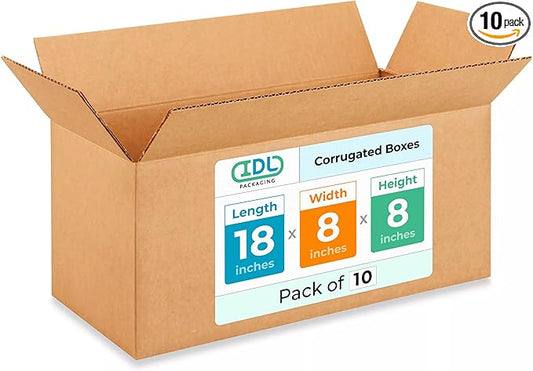 Medium Shipping & Moving Boxes 18x8x8 inches (10-Pack) - Extra Strength 200 lb vs Regular - USA-Made Corrugated Medium Moving Boxes - Packing Box for USPS, UPS, FedEx - Heavy Duty Box by IDL Packaging