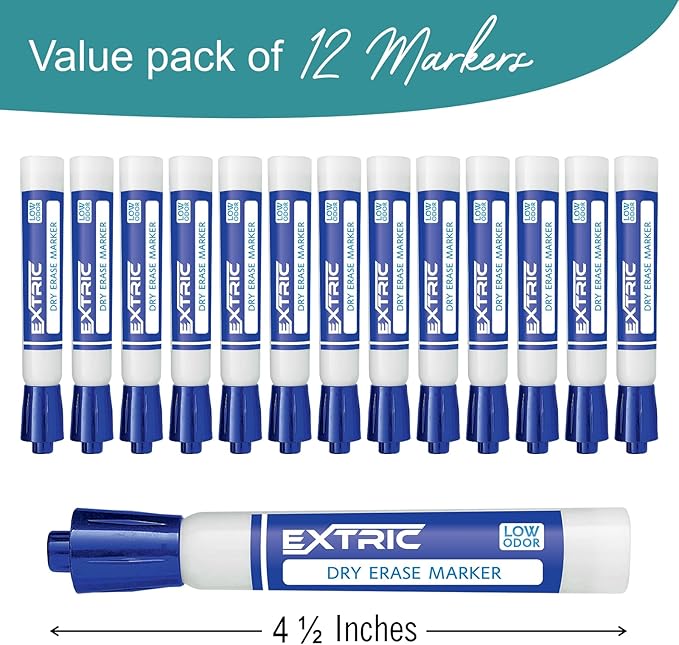 EXTRIC Blue Dry Erase Markers, 12 Count Whiteboard Markers Chisel Tip, White Board Marker Dry Erase, Low Odor Chisel Tip Erasable Markers