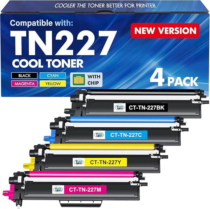 TN227 TN-227BK/C/M/Y High Yield Toner Cartridge 4 Pack TN-227 TN 227 223 | Compatible for Brother TN-223BK/C/M/Y TN223 MFC-L3770CDW HL-L3270CDW HL-L3290CDW MFC-L3750CDW HL-L3210CW MFC-L3710CW Printer