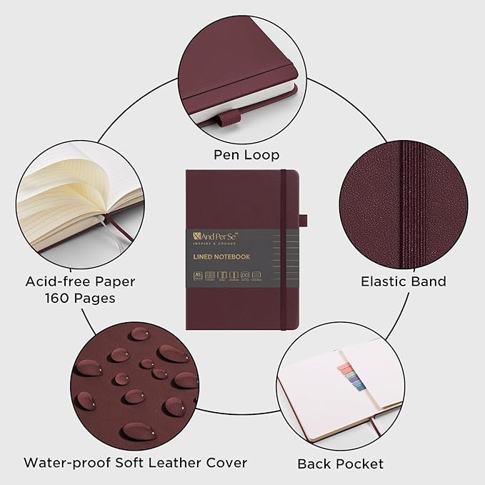 &And Per Se Lined Notebooks Bulk 5-Pack, A5 Hardcover Journal, 160 Pages 100gsm Thick Paper, Classroom Supplies for Students, Teachers, College Ruled Notebooks for School Office (Dark Red)