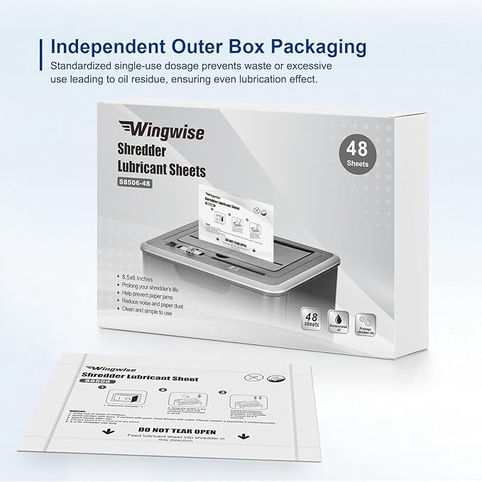 48-Pack Shredder Lubricant Sheets, 8.5 x 6 Inches, Sharpens Blades & Extends Shredder Life, Mess-Free Maintenance for Heavy-Duty Use