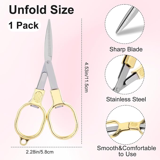 1 Pack Folding Scissors Stainless Steel with Keychain,Safety Foldable Pocket Badge Small Travel Scissors,Portable Telescopic Cutter for Home,Office,Craft,Sewing,Nurse Essentials(Gold）