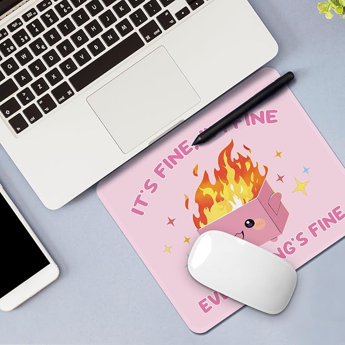 Mouse Pad with Stitched Edges - Funny Mousepad for Women, 9.25 x 7.75 inch Washable Square Desk Pad, Non-Slip Rubber Base, Office Home Laptop Accessories - Pink Box on Fire