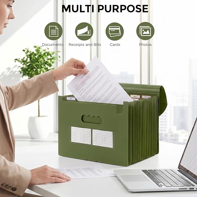 SKYDUE Accordion File Organizer, Expanding File Folder with 13 Pockets, Portable Document Paper Bill Receipt Organizer, Home School Office Supplies, Letter A4 Size OliveGreen