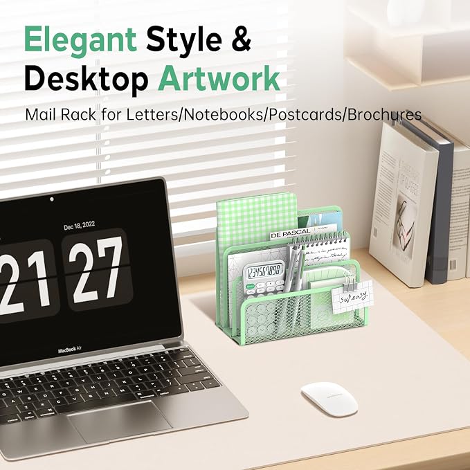 Mail Organizer for Desk, Mesh Metal Mail Holder Countertop with 3-Slot, Letter Sorter File Holder, Office Envelope Organizer for Mails (Mint Green)