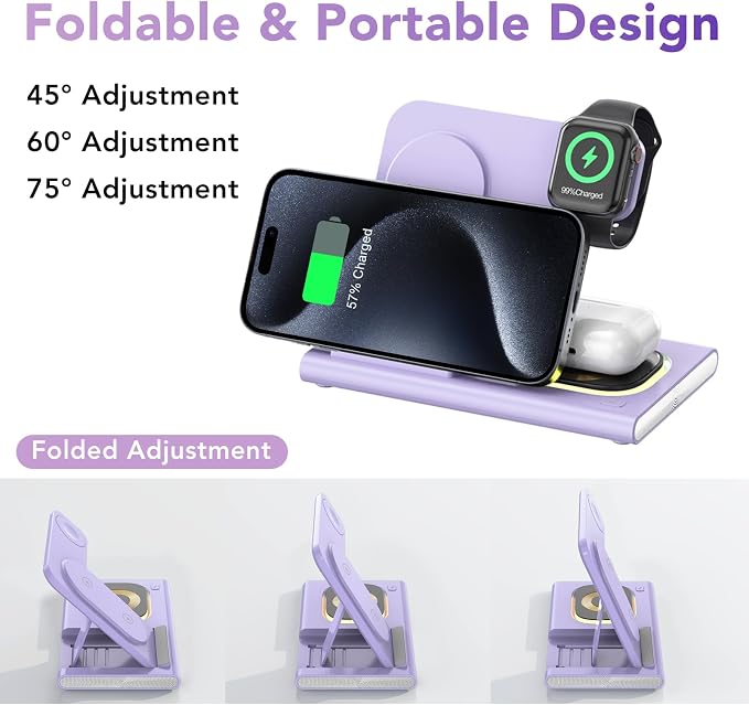 3 in 1 Foldable Wireless Fast Charging Station for Apple Multiple Devices | iPhone Charging Station for iPhone 17, Travel iWatch Charger Stand, Light Nightstand Charging Dock for Apple Watch/Airpods