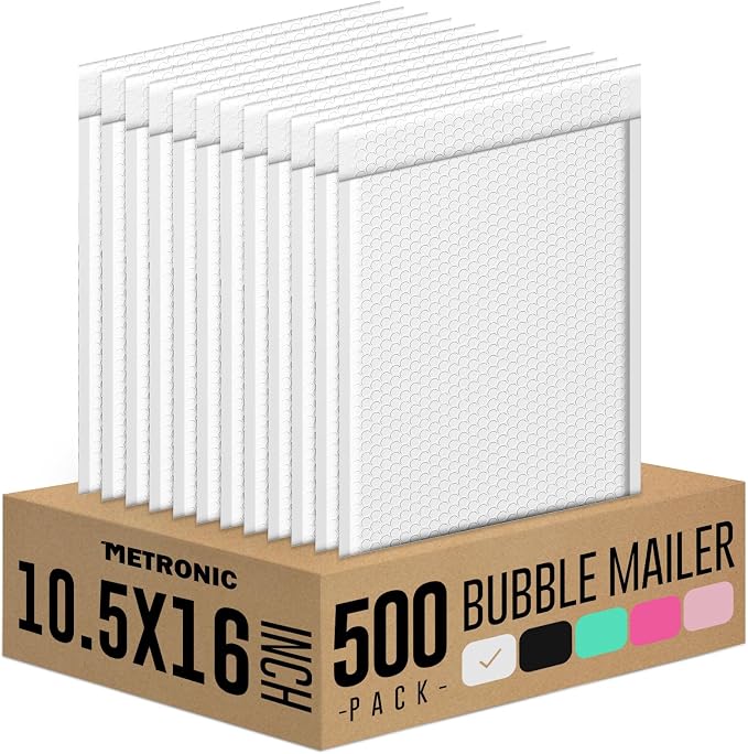 Metronic Large Bubble Mailers 10.5x16 Inch 500PC Padded Envelopes White | Usable Size 10.5x15 Strong Adhesion Bubble Mailer Large Shipping Mailing Envelopes for Small Business, Books, Clothes, Bulk