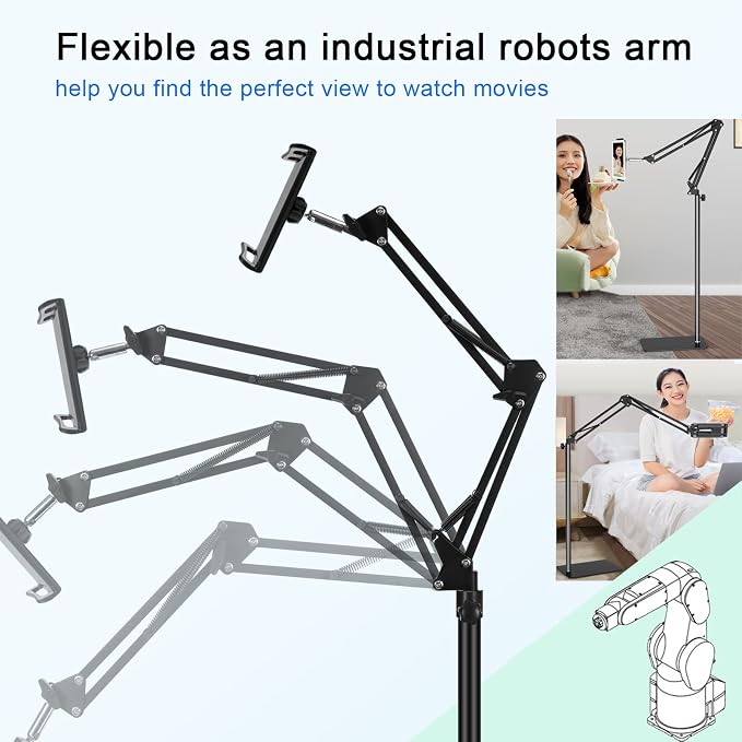 Tablet Floor Stand with 6LB Weight, Overhead Bed phone Stand Angle Height Adjustable Arm Stretchable Stand Holder, Compatible with iPhone iPad Mini Air Pro, Galaxy Tab, Kindle, E-Readers,all Phones