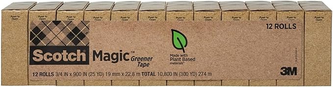 Scotch Magic Greener Tape, Invisible Tape for Fixing Paper, Office Supplies and Back to School Supplies, 0.75 in .x 900 in., 12 Rolls