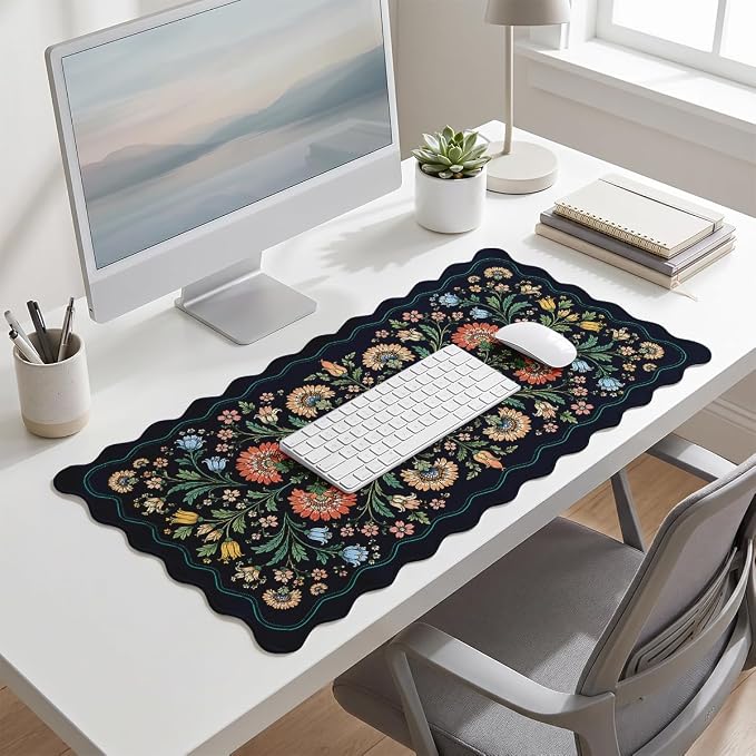 Floral Scalloped Mouse Pad Teal Peach Botanical Blue Wildflowers XL Mouse Pad Large Mousepad Extended Laptop Keyboard Mat Gaming Desk Pad Office Computer Keyboard Laptop Home 31.5"x15.7"