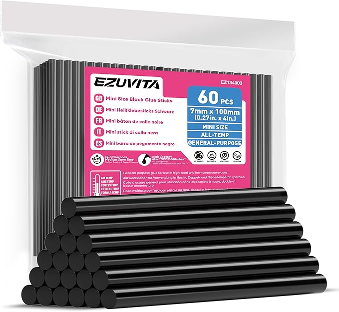 EZUVITA Mini Size Hot Glue Sticks, 0.27” Dia x 4” Long, 60-Pack Black Hot Melt Glue Gun Sticks for All-Temp Mini Glue Guns, Multipurpose for DIY Art Craft General Repairs, Festival Decorations