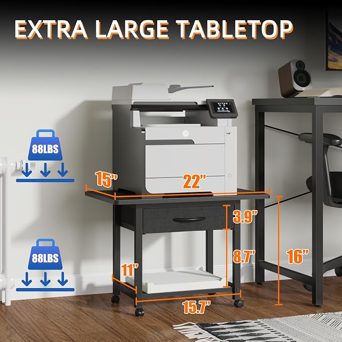 YAOHUOO 22"x15" Large Printer Stand with Drawer, 2-Tier Rolling Table Cart | Under Desk Printer Table,Storage Fabric Drawer,Fit printer/fax/3d/scanner,4 Lock Wheels or Feet,For Home Office Dorms,Black