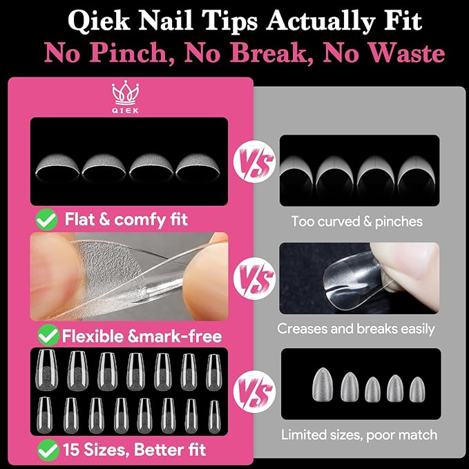 Medium Coffin False Nail Tips, 15 Sizes 510 PCS Clear Soft Press On Fake Nail Pre-shaped Half Matte Full Cover Gel Nail Tip Extensions Strong Thick Long Lasting for DIY Beginners & Salon Manicure