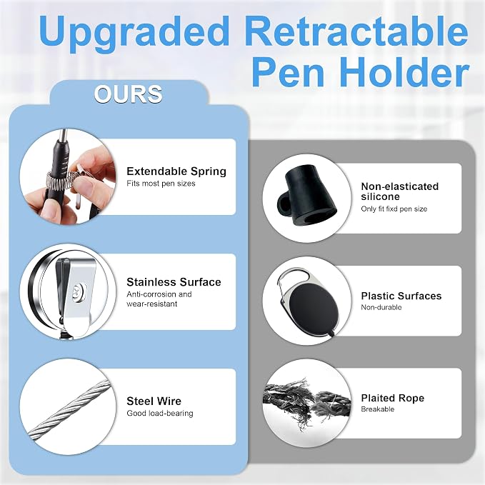 2 Pcs Heavy Duty Retractable Pull Pen Pencil Holder, 27.5 Inch Pen Lanyard Retractable with Belt Clip and Key Ring, Stretch Spring Pencil Holder for Carpenters, Construction Workers, Nurses, Waiters