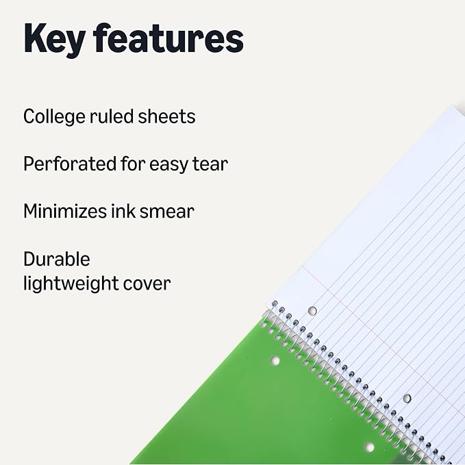 Amazon Basics College-Ruled Spiral Notebook, Poly Cover, For Work and School, 100 Sheets, 9" x 11", Green, 1-Pack