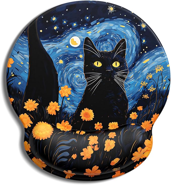 Auhoahsil Ergonomic Mouse Pad with Wrist Rest, Comfortable Silicone Non-Slip Computer Pain Relief Gel Mouse Mat with Wrist Support for Gaming, Work, Office, Women & Men, Cute Pattern, Star Cat