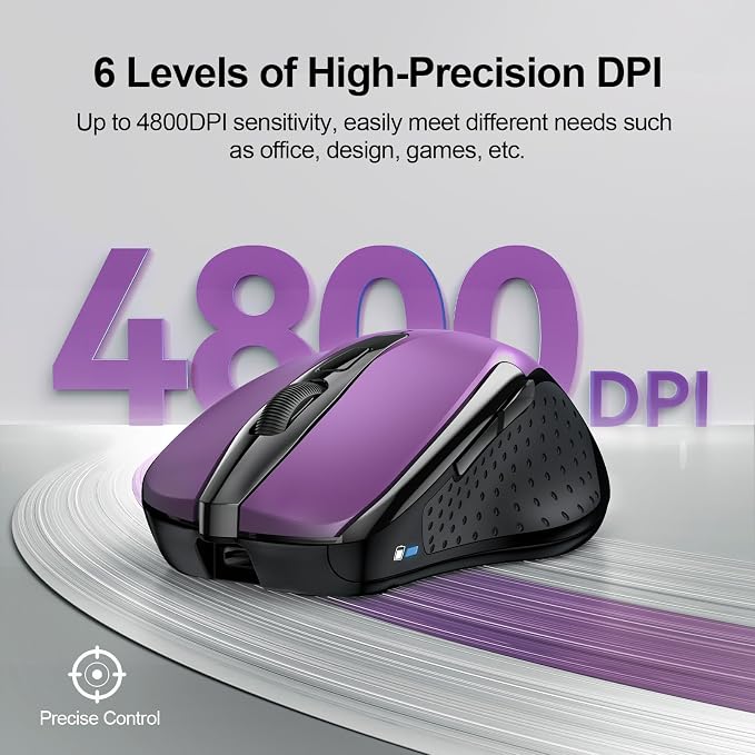 TECKNET Wireless Mouse, BT 5.0/2.4G, Rechargeable 6-DPI Silent, Purple | Bluetooth 5.0/3.0 & USB A, 2-Device Easy Switch, Wide OS Compatible, 6 Buttons, 6-DPI up to 4800, Ergonomic for S to M Hands