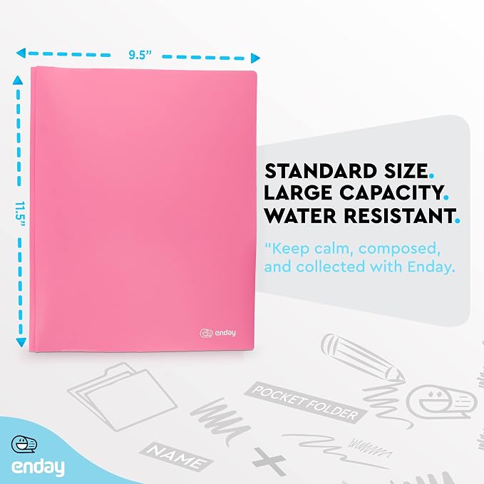 Plastic Folders with Pockets and Prongs Pink - Two Pocket Folder with Brads - 3 Prong Folders with Pockets for Letter Size Sheets, Also Available in Blue, Green, Red, Purple, and Grey, 6 Pc –by Enday