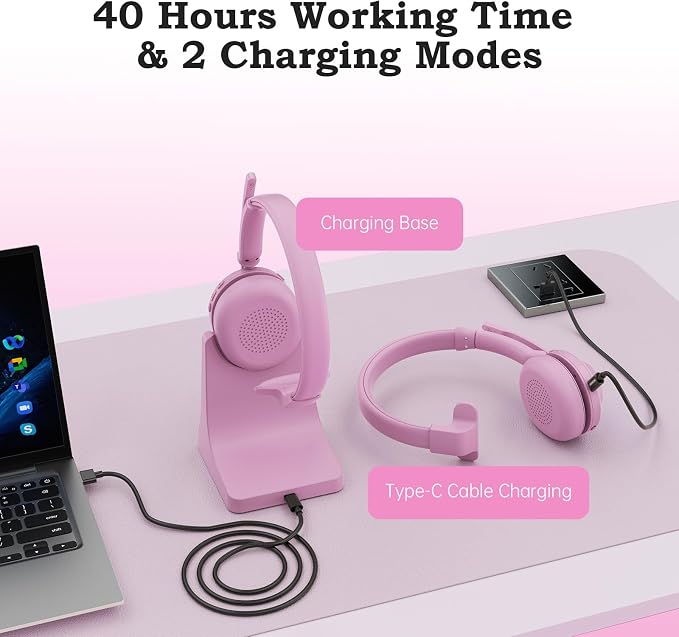 Bluetooth Wireless Headset with Mic for Work, Advanced Noise Reduction Microphone, Clear Calls - Comfortable On-Ear Headphones, Bluetooth 5.3, Applicable to Laptop, PC, Zoom, Office(Pink)