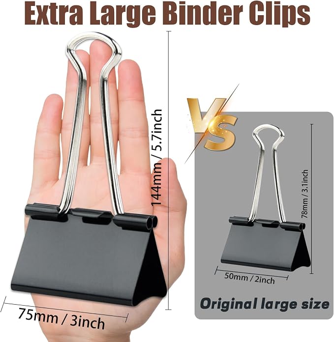 18 Pack 3 Inch Jumbo Binder Clips, Extra Large Clips, Black | Heavy Duty Paper Clamps for Office and Home Supplies
