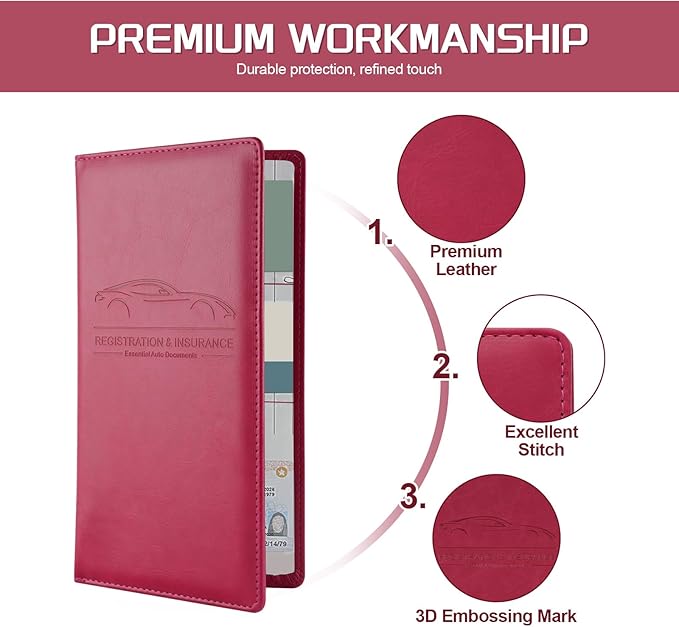 JUSTTOP 1Pack Car Registration and Insurance Holder,Car Document Holder for Cards License with Magnetic Shut,Vehicle Glove Box Car Organizer for Documents, Cards, License(Rose red)