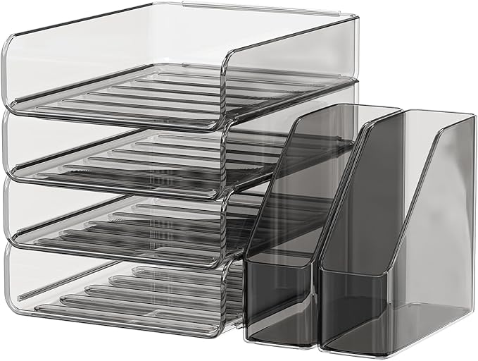 4-Tier Acrylic Paper Tray Organizer with Bookends | Clear Stackable Desk Organizer for Documents, Letters, A4 Paper | Modern Office/Classroom/Home Organization,Brown