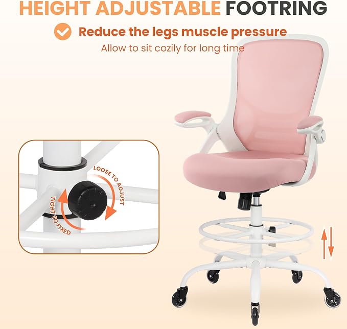 Drafting Chair Tall Office, Ergonomic Standing Desk Stool Adjustable Big and Tall Drafting Office Chair with Flip-Up Armrests, Mesh, Pink
