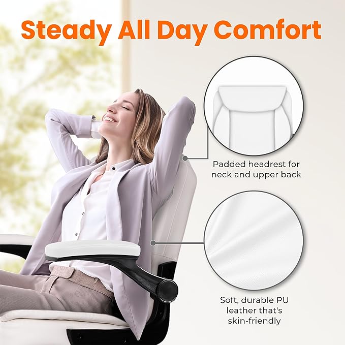 NEO CHAIR Office Desk Computer Chair Ergonomic Executive Mid-Back Leather Gaming Chair with Adjustable Flip-Up Armrests Wheels Swivel for Home Study Task (White)