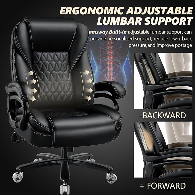 600lbs Big and Tall Office Chair with Pocket Spring Cushion, Heavy Duty Office Chair for Low Back Pain Relief, Large Executive Office Chair with Dual Rubber Wheel