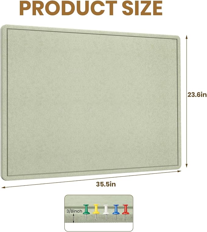 Bulletin Board 36" x 24" Felt Cork Board - Decorative Pin Board, Sage Green | Cork Board Alternative for Wall, Foldable Self-Adhesive Vision Board Prayer Board with Pushpins for Home Office Classroom