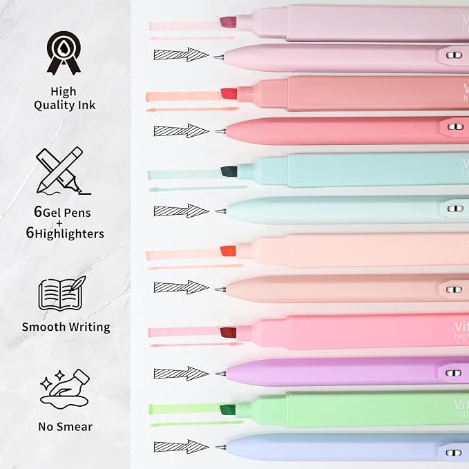 Piochoo Bible Highlighters Assorted Colors and Black Ink Gel Pens 12 Pack | Pastel Colors Chisel Tip Highlighters,0.5mm Quick-Drying Pens for Journaling Planner Notes Office Back to School Supplies