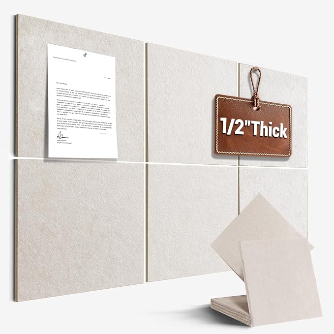 36" x 24" Large Felt Bulletin Board 1/2" Thick, Oatmeal | 6 Pack Felt Tiles, Cork Board Alternative, 30 Adhesive Tabs, Pin Board for Home Office Decor with Easy Install