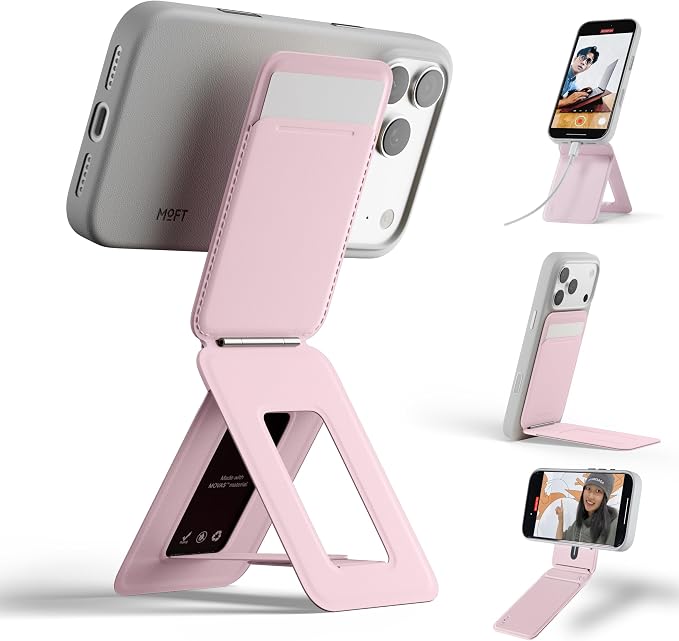 MOFT Phone Tripod Wallet, 3 in 1 Phone Stand Wallet, NFC-Supported Magnetic Phone Stand, MOVAS Vegan Leather Adjustable Card Holder, Light Pink