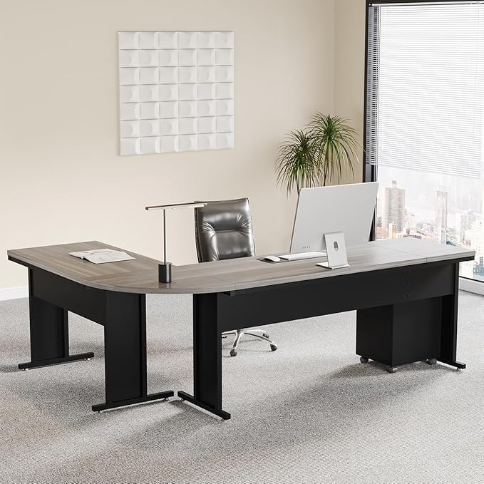 Tribesigns 83" L-Shaped Executive Desk, Large Office Desk with Drawes, Industrial Corner Computer Table with File Cabinet, Business Workstation for Home Office (Gray, 83")
