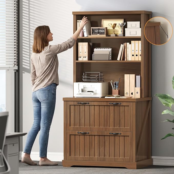 SEDETA Farmhouse File Cabinet with 2 Drawers, Filing Cabinet for Home Office with Storage Shelves, Tall Office File Cabinets for Letter/Legal/A4 Size, Lateral File Cabinets with Printer Stand, Brown