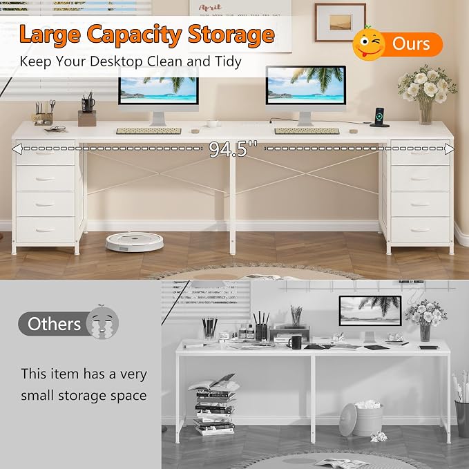 95" 2 Person Desk with 8 Fabric Drawers for Home Office, Living Room | Long Computer Desk Office Desks with Storage, Two Person Double Desks with Power Outlets, White