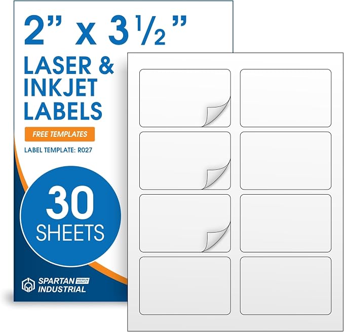 2" X 3.5" Matte White Printable Labels for Inkjet and Laser Printers | 30 Sheets, 240 Total Custom Stickers for Shipping Labels, Product Labeling, Addresses - Spartan Industrial Template R027