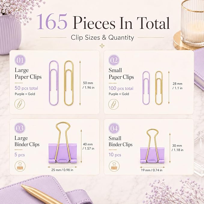 Paper Clips and Binder Clips Set, Purple & Gold, Assorted Size Clips