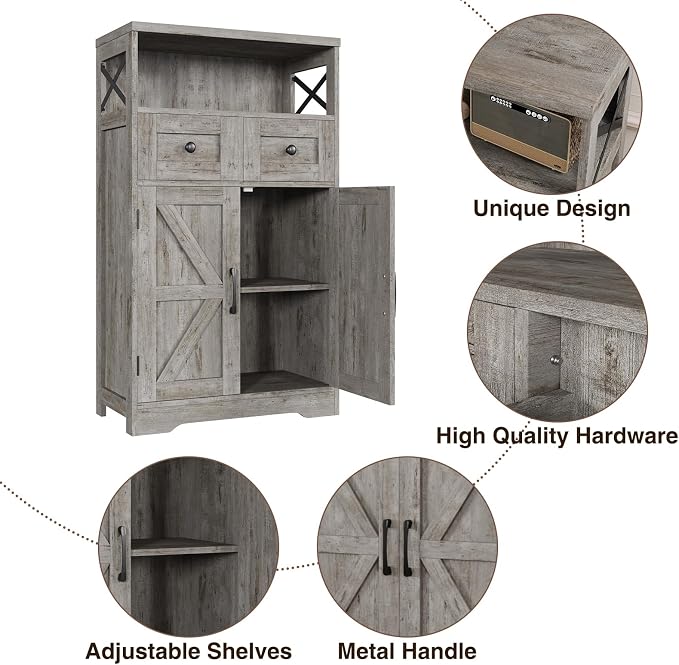 Farmhouse Storage Cabinet Set of 2, Small Kitchen Pantry Coffee Bar Cabinet | Accent Buffet Cabinet Cupboard, 2 Drawers, Barn Doors & Adjustable Shelves, for Kitchen/Entryway/Bathroom, Washed Gray