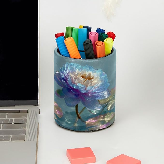 Leather Pen Holder for Desk, Water Lily Pencil Cup Pen Organizer Makeup Brush Holder for Office Home Kids Countertop Desk Accessory Storage