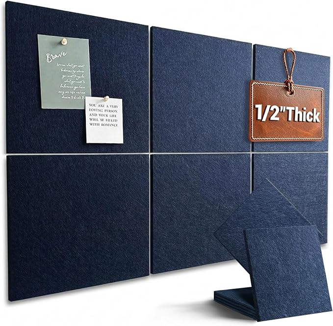36" x 24" Large Felt Bulletin Board 1/2" Thick, Dark Blue | 6 Pack Felt Tiles, Cork Board Alternative, 30 Adhesive Tabs, Pin Board for Home Office Decor with Easy Install